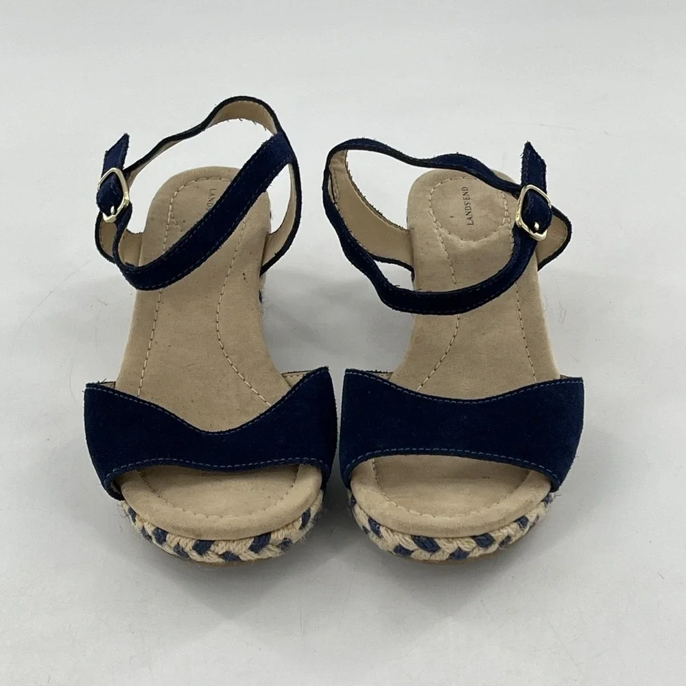 Lands End Espadrille Sandal Womens 7 Wedge Slingback Open Toe Blue Suede Chevron